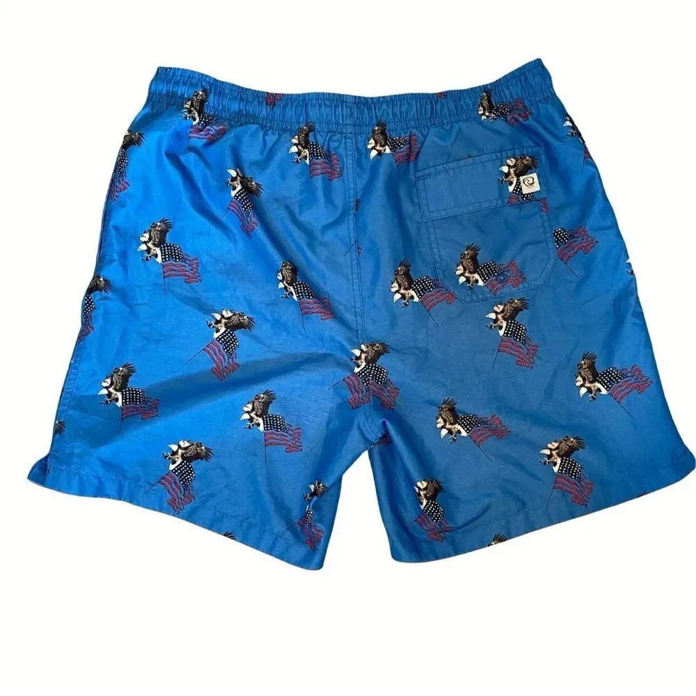 NEW! Wave Zone Blue Swim Shorts with Patriotic Eagle and Flag. NWOT. Men’s L